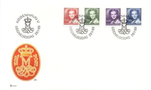 (image for) 1989 Queen Margrethe 3.20 Kr. 3.40 Kr. 4.20 Kr. & 4.10 Kr.