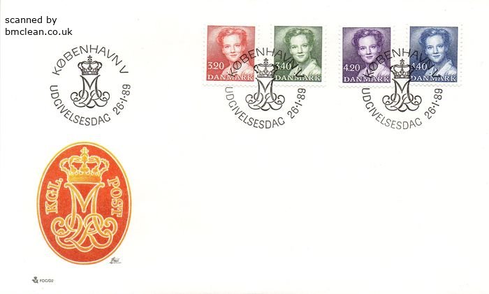 (image for) 1989 Queen Margrethe 3.20 Kr. 3.40 Kr. 4.20 Kr. & 4.10 Kr.