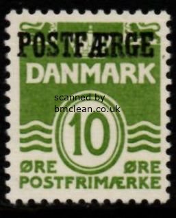 (image for) 1953 10ø Green 'POSTFÆRGE’ Overprint