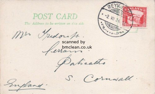 (image for) 1934 Post Card REYKJAVIK - to U.K.