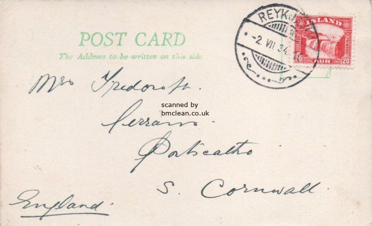 (image for) 1934 Post Card REYKJAVIK - to U.K.