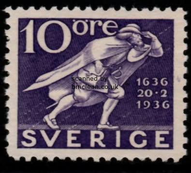 (image for) 1936 Tercentenary of Swedish Post 10ø Perf 4 Sides