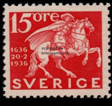 (image for) 1936 Tercentenary of Swedish Post 15ø Perf 4 Sides