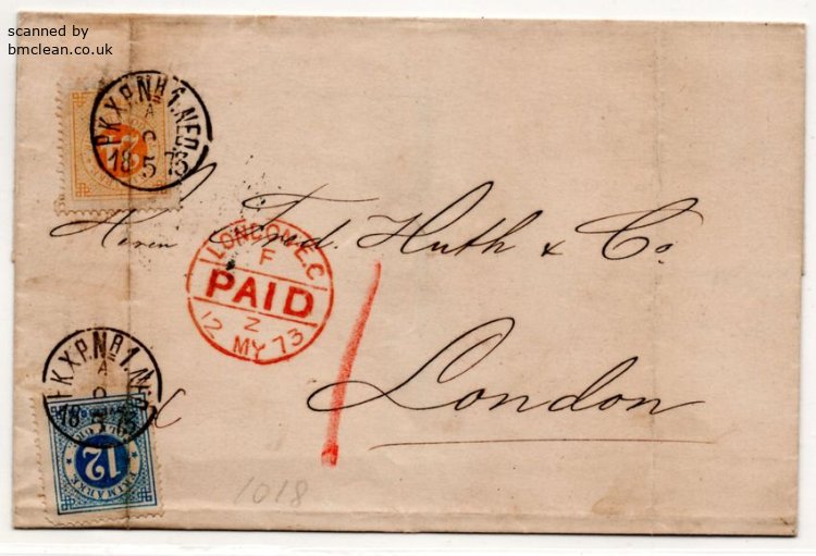 (image for) 1873 Cover to London - Travelling PO Cancels