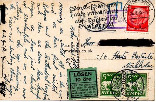 (image for) 1935 PPC Germany - Stockholm Postage Underpaid