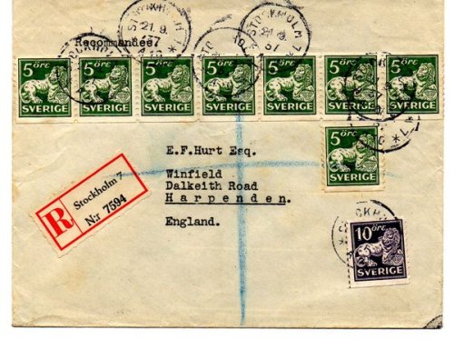 (image for) 1937 Registered Cover Stockholm to England
