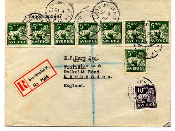 (image for) 1937 Registered Cover Stockholm to England