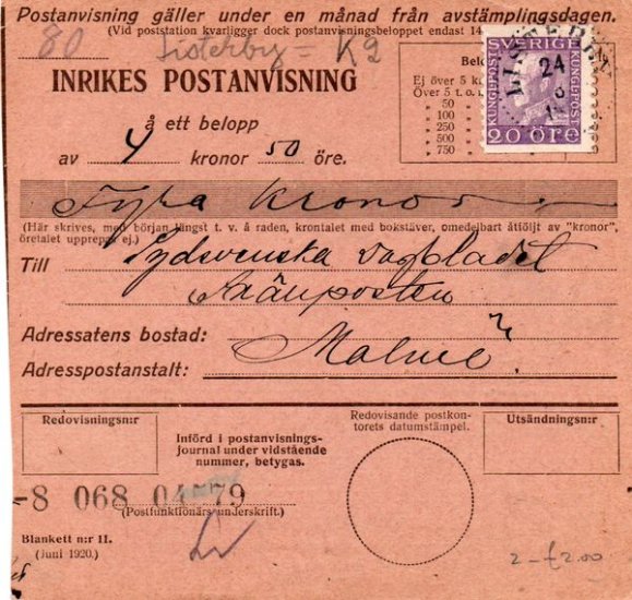 (image for) 1921 Postal Receipt Form - Listerby to Malmo