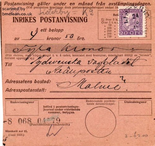 (image for) 1921 Postal Receipt Form - Listerby to Malmo