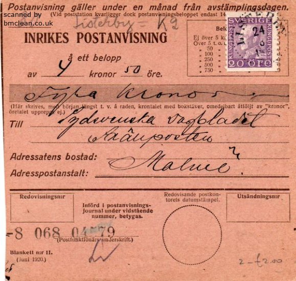 (image for) 1921 Postal Receipt Form - Listerby to Malmo