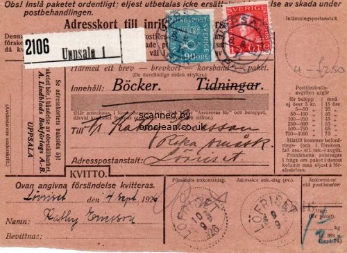 (image for) 1926 Parcel Card - Uppsala to Lofriset