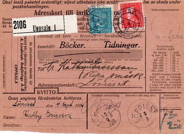 (image for) 1926 Parcel Card - Uppsala to Lofriset